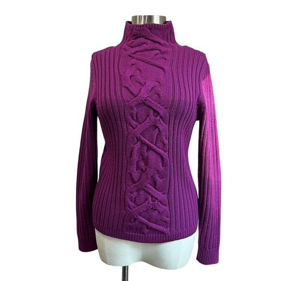 Magaschoni 100% Merino Wool Sweater Cable Knit Fisherman Purple Mock Neck Sz S - Picture 1 of 8